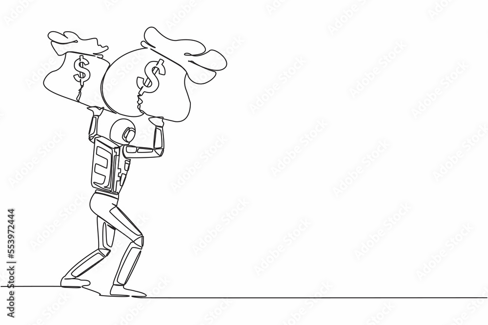 Continuous one line drawing young astronaut carrying heavy money bag on his back. Finance crisis in space company due to pandemic. Cosmonaut outer space. Single line graphic design vector illustration Continuous one line drawing young astronaut carrying heavy money bag on his back. Finance crisis in space company due to pandemic. Cosmonaut outer space. Single line graphic design vector illustration