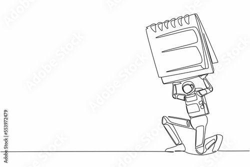 Continuous one line drawing young astronaut carrying heavy calendar on his back. Spaceman with exploration problem and deadline. Cosmonaut outer space. Single line graphic design vector illustration