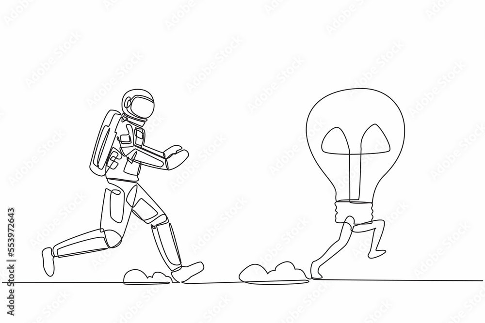 Continuous one line drawing young astronaut run chasing light bulb in ...