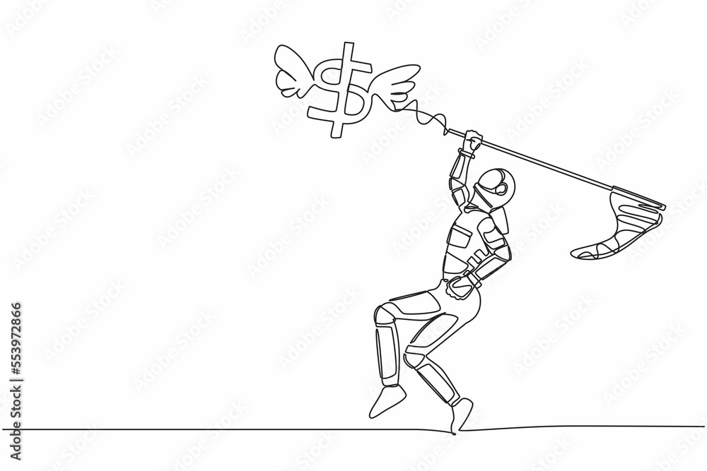 Single continuous line drawing astronaut try to catching flying dollar sign symbol with butterfly net. Economic crisis impacted space company. Cosmonaut deep space. One line design vector illustration Single continuous line drawing astronaut try to catching flying dollar sign symbol with butterfly net. Economic crisis impacted space company. Cosmonaut deep space. One line design vector illustration