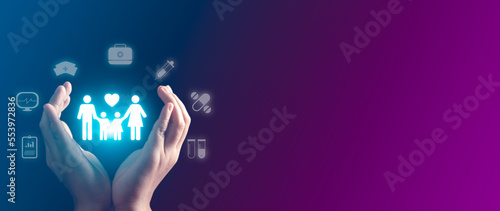 Hands with protective gesture and family, life, health and house insurance icons. Insurance concept, Family life insurance and policy concepts, hospital, medical treatment.