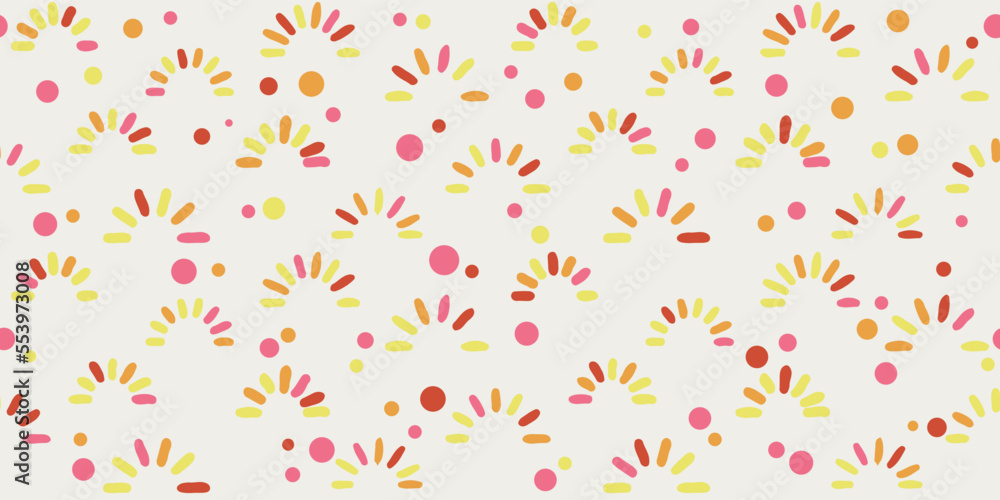 Colored petals and dots. Girlish or childish pattern for wallpaper or notebooks. Seamless print for surfaces, packaging, pillows, textiles, wallpapers, notebooks.