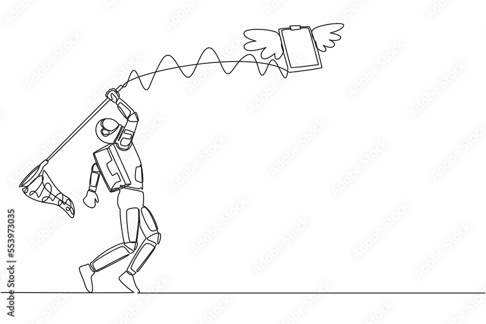 Single continuous line drawing young astronaut try to catching flying clipboard with butterfly net. Space exploration checklist document. Cosmonaut deep space. One line draw design vector illustration