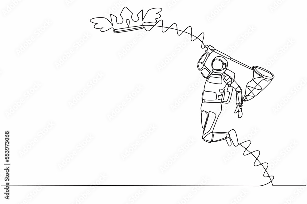 Single one line drawing young astronaut try to catching flying crown with butterfly net. Royal and luxury outer galaxy kingdom. Cosmic galaxy space. Continuous line graphic design vector illustration Single one line drawing young astronaut try to catching flying crown with butterfly net. Royal and luxury outer galaxy kingdom. Cosmic galaxy space. Continuous line graphic design vector illustration