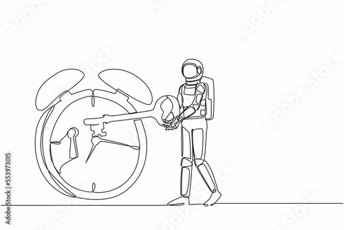 Single one line drawing astronaut putting key into alarm clock. Deadline work and time management in spaceship launch planning. Cosmic galaxy space. Continuous line graphic design vector illustration
