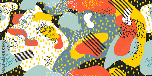 Colorful abstract pattern of seeds, rounded shapes, abstractions. Seamless print for surfaces, packaging, pillows, textiles, wallpapers, notebooks.