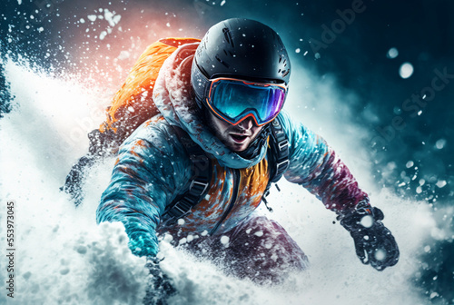 Snowboarder in the mountains. Winter extreme sports illustration, a fictional person, Generative AI © Magdalena Wojaczek
