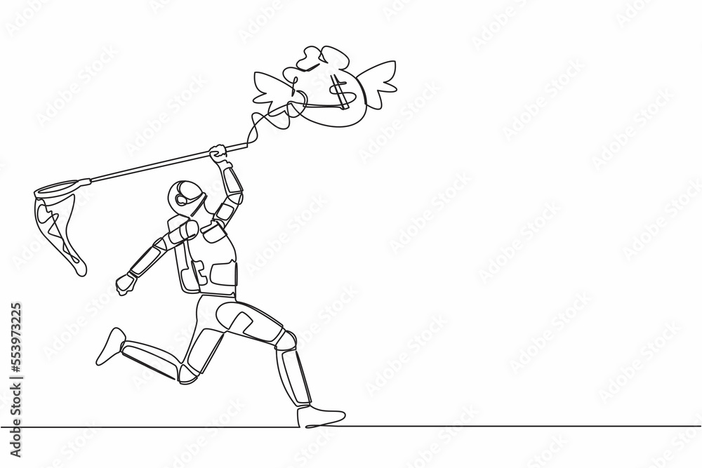 Single continuous line drawing of astronaut try to catch flying money bag with butterfly net. Achieving profit goal for spaceship development. Cosmonaut deep space. One line design vector illustration Single continuous line drawing of astronaut try to catch flying money bag with butterfly net. Achieving profit goal for spaceship development. Cosmonaut deep space. One line design vector illustration