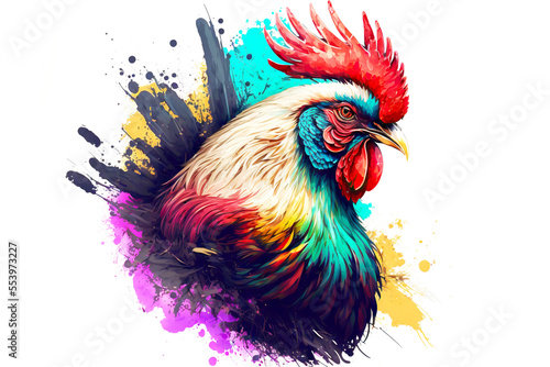 Leinwand Poster Poultry multicolored rooster portrait isolated on white background