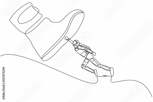 Single continuous line drawing young astronaut flying with jetpack against giant shoes stomping. Spaceman fly up against giant foot step. Cosmonaut deep space. One line draw design vector illustration