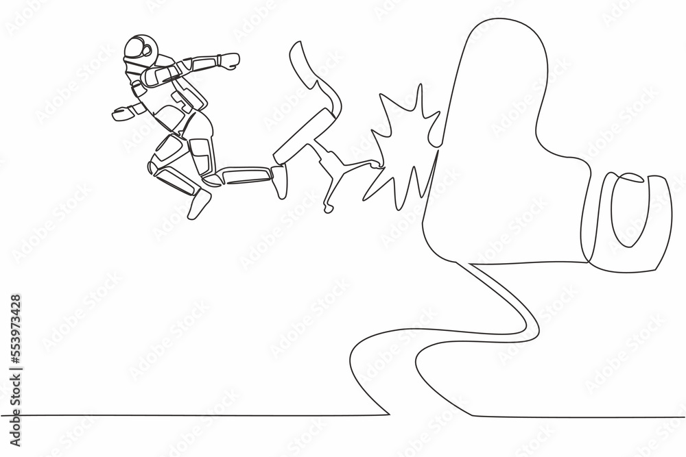 Single continuous line drawing young astronaut kicked out by big foot