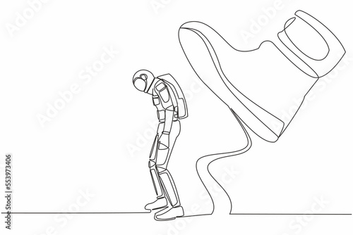 Single one line drawing young astronaut standing weak under huge boot shoe, being fired from company. Future science development. Cosmic galaxy space. Continuous line draw design vector illustration