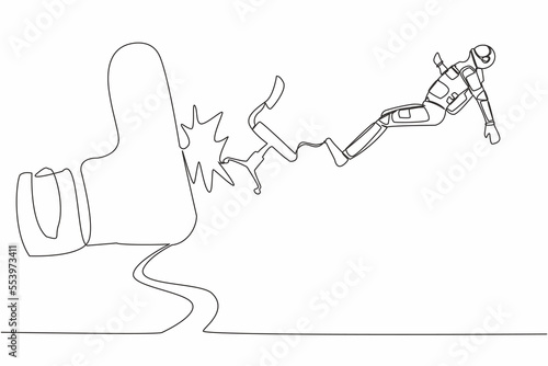 Continuous one line drawing young astronaut kicked out by big foot from chair in moon surface. Staff reduction in spaceship company. Cosmonaut outer space. Single line draw design vector illustration
