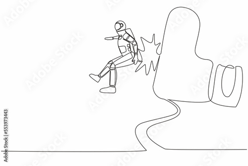 Continuous one line drawing young astronaut getting fired, flying through air after being kicked in the back in moon surface. Cosmonaut outer space. Single line draw graphic design vector illustration