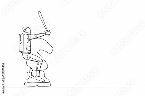 Single continuous line drawing young astronaut riding big chess horse piece with sword. Spaceman battle in the intergalactic war. Cosmonaut deep space. One line draw graphic design vector illustration