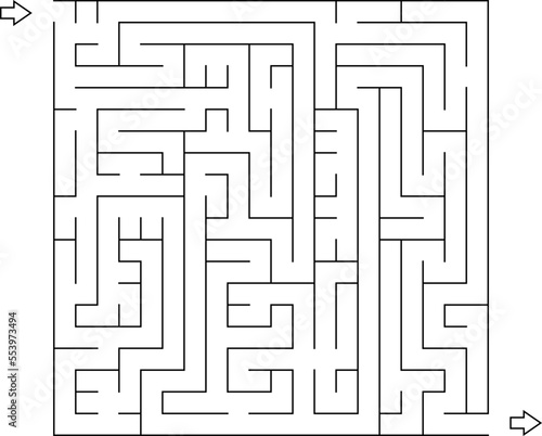 Square maze, vector. Labyrinth with entrance and exit, black color illustration isolated on white background.