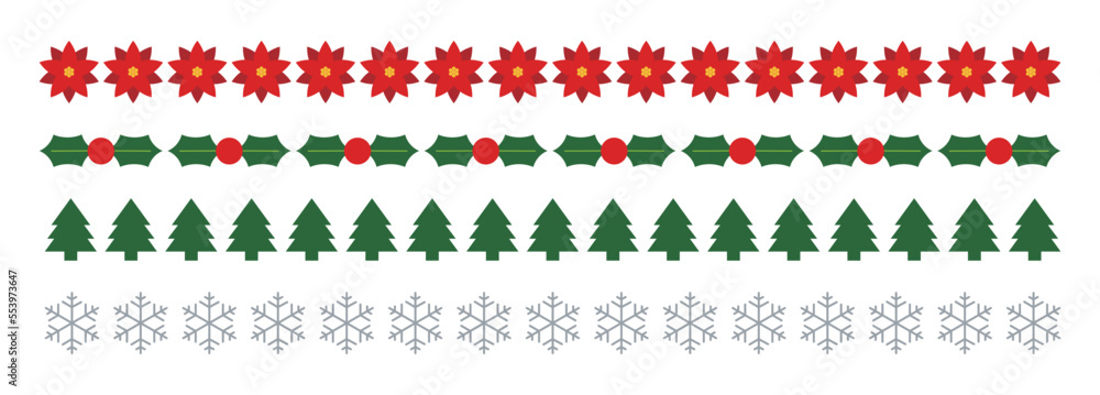 Set of pattern borders for Christmas concept in winter season December. Retro style ribbon design with repeating tree, flower, berries, snow and snowflake shapes. Set of pattern borders for Christmas concept in winter season December. Retro style ribbon design with repeating tree, flower, berries, snow and snowflake shapes.