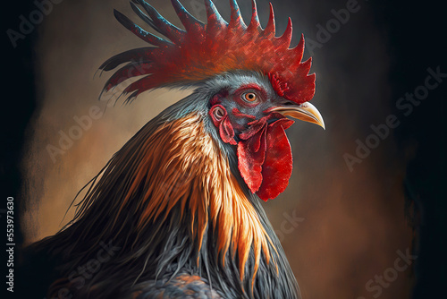 Fotomurale Beige-black rooster portrait with red crest on dark background