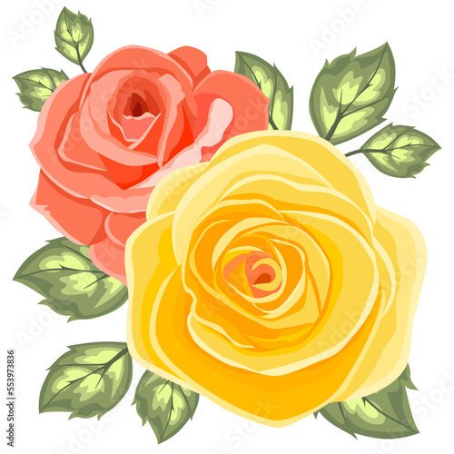 Yellow roses set green leaves wedding concept with flowers floral poster invite vector template for greeting card or invitation design
