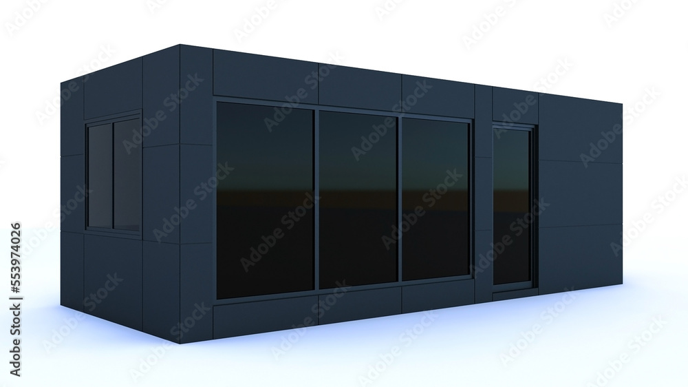 3d Container building design. Portable black office cabin container isolated on white background, 3d rendering.