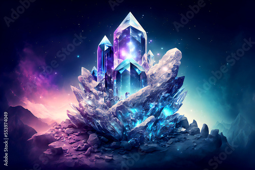 Gemstones, crystals, digital illustration, abstract painting, AI generated