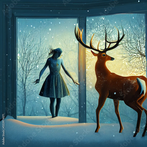 Deer and women near the window during christmas