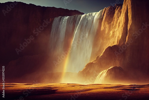 Cascading desert beauty with a rainbow. Desert landscape with a waterfall.