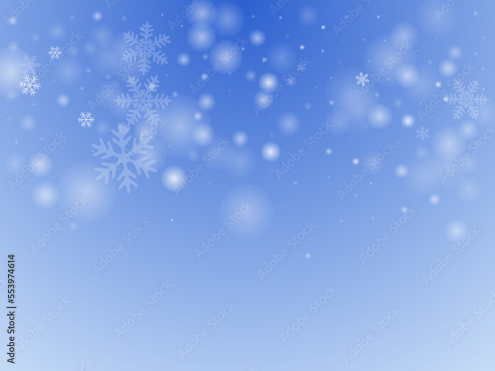 Beautiful flying snowflakes design. Snowstorm fleck freeze shapes. Snowfall weather white blue backdrop. Glimmer snowflakes christmas vector. Snow nature landscape.