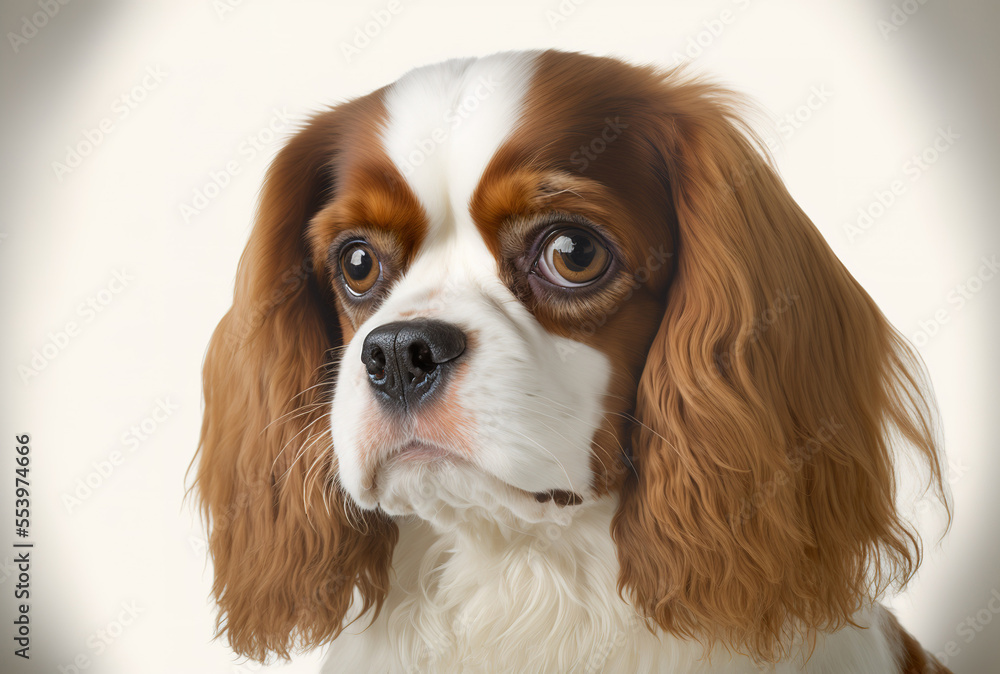 Charles King, a cavalier spaniel, is shown in a portrait on a white backdrop. Generative AI Charles King, a cavalier spaniel, is shown in a portrait on a white backdrop. Generative AI