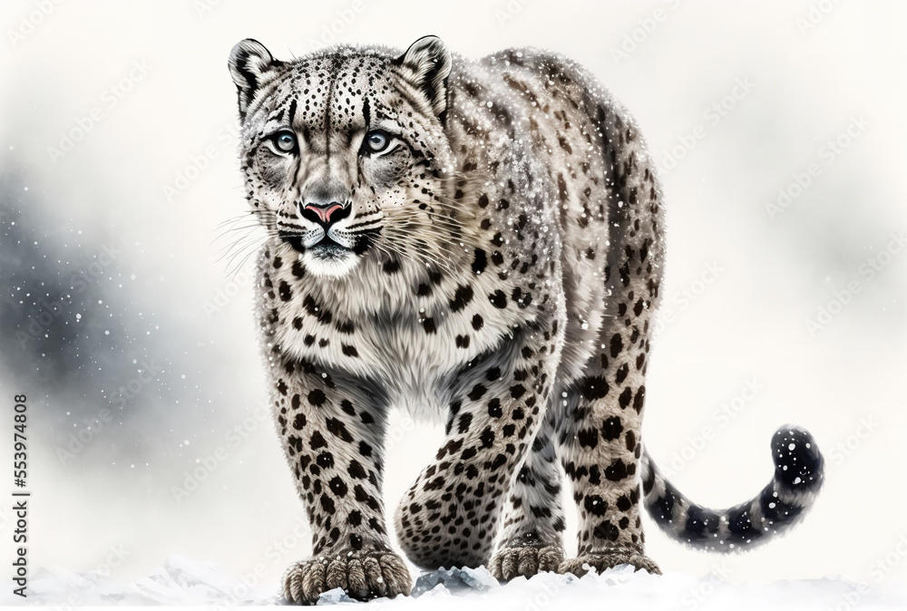 Obraz premium Isolated snow leopard against a white backdrop. Generative AI