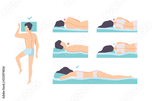 Man and Woman Lying in Correct and Incorrect Sleeping Pose for Neck and Spine Vector Set