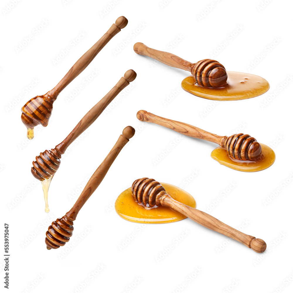 Set of honey dippers with honey, dripping and still isolated png Stock