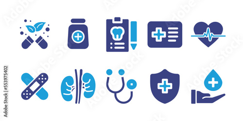 Medical and healthcare icon set. Bold icon. Duotone color. Vector illustration. Containing alternative medicine, medicine, clipboard, patient, cardiogram, tape, kidney, stethoscope, health insurance.