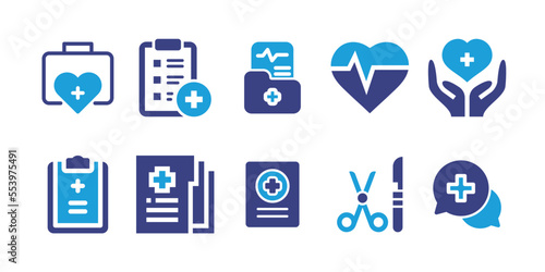 Medical and healthcare icon set. Bold icon. Duotone color. Vector illustration. Containing medic, medical report, medical history, heartbeat, healthcare, surgical instrument, consulting.