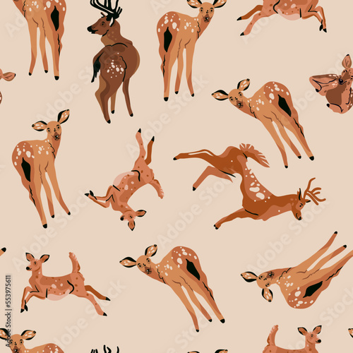 Hand drawn abstract vector clipart illustration collection with brown adorable cute, stylized wild deer characters seamless pattern .Trendy modern design concept.Vector contemporary woodland symbol.