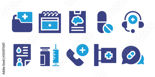 Medical and healthcare icon set. Bold icon. Duotone color. Vector illustration. Containing medical file, medical appointment, medical check, medical, medical support, medical report, medicine.