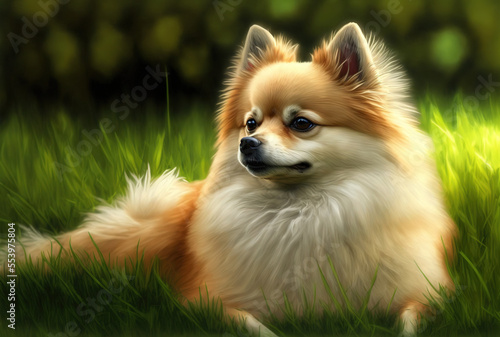 Spitz dog rests on a lush lawn. Generative AI