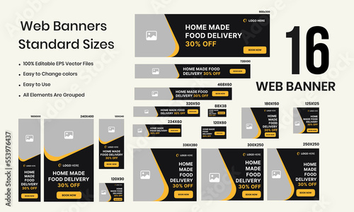 Home-made food delivery services web set banner design for social media posts, food ads web set banner templates, minimal design concept