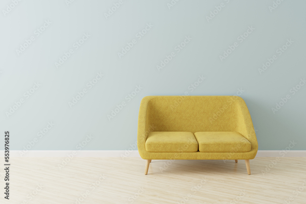 Yellow sofa in Scandinavian style in front of an empty wall. 3D rendered mock-up.