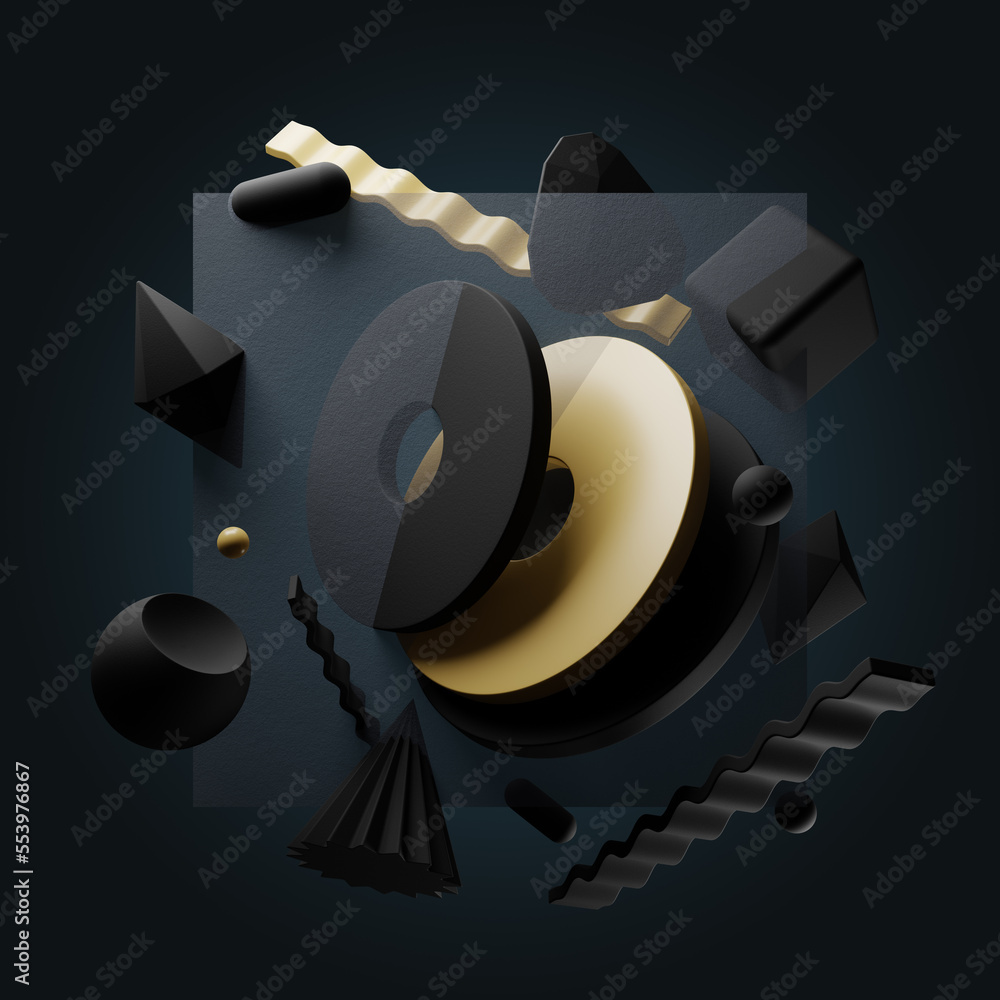 Abstract levitating geometric black and golden primitive shapes on dark background. 3D illustration.