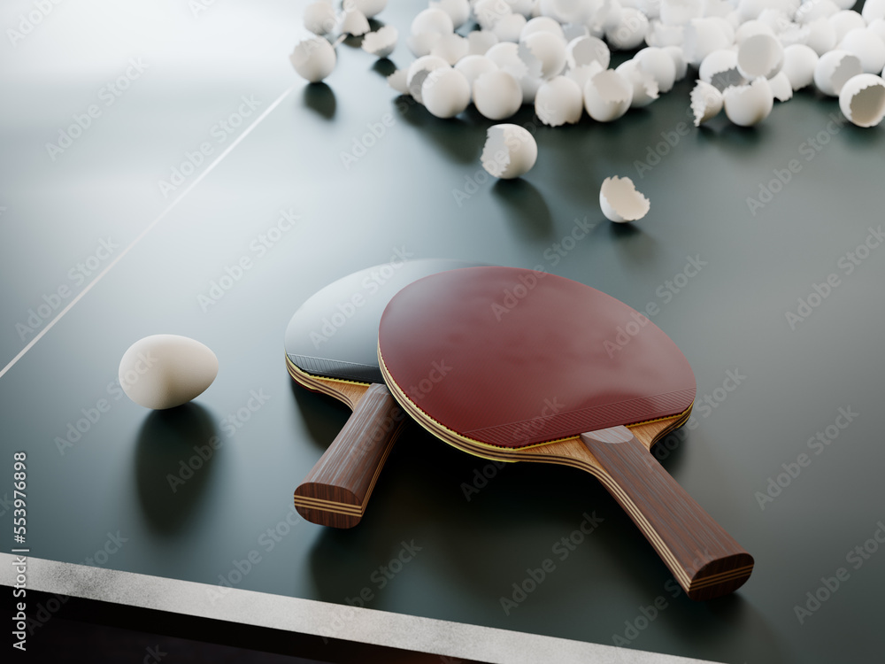 What if we replaced table tennis balls with eggs? Humorous concept of using the wrong things. 3D illustration.