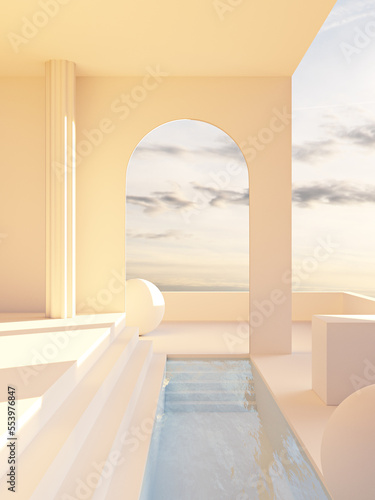 Obraz na płótnie Abstract surreal interior in monochrome pastel tones with a pool, arc and sky view. 3D illustration. w salonie