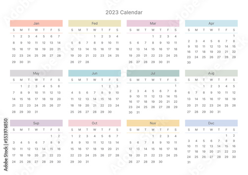 This is a simple style year planner with a year 12 month calendar for 2023. Note, scheduler, diary, calendar planner document template illustration.