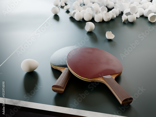 Obraz na płótnie What if we replaced table tennis balls with eggs? Humorous concept of using the wrong things. 3D illustration. w salonie