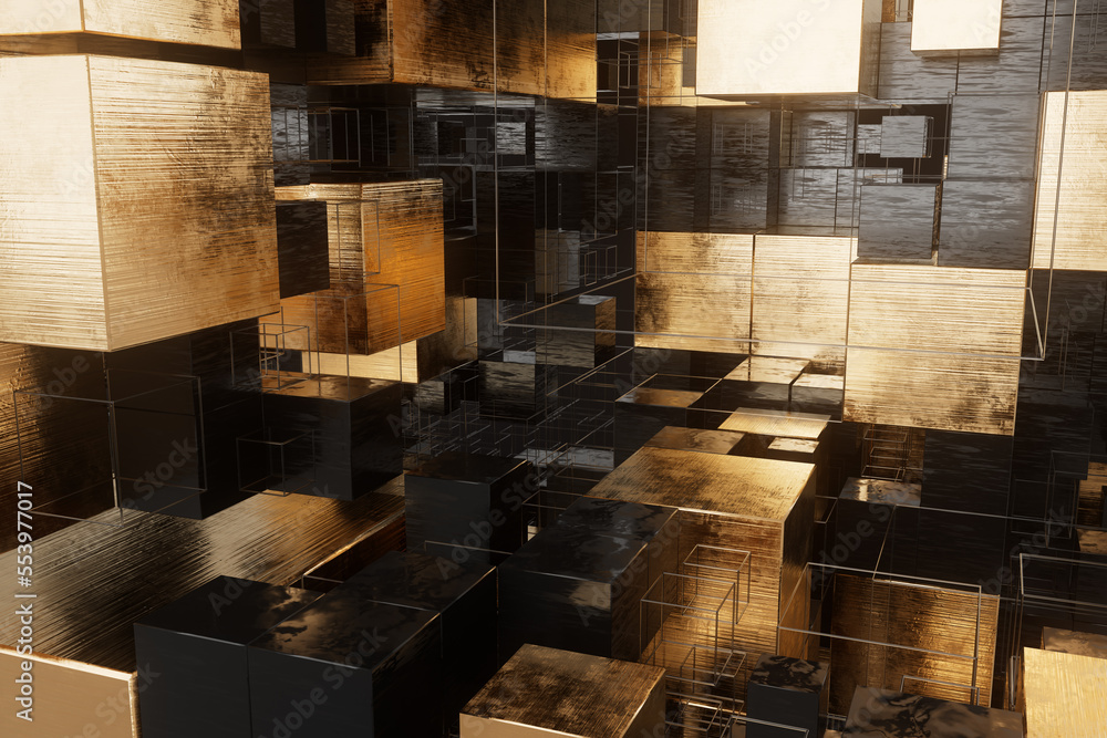 Abstract background with golden and black cubes. 3D illustration. Technology or construction concept.