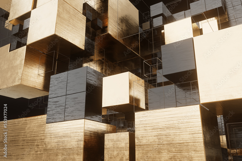 Abstract background with golden and black cubes. 3D illustration. Technology or construction concept.