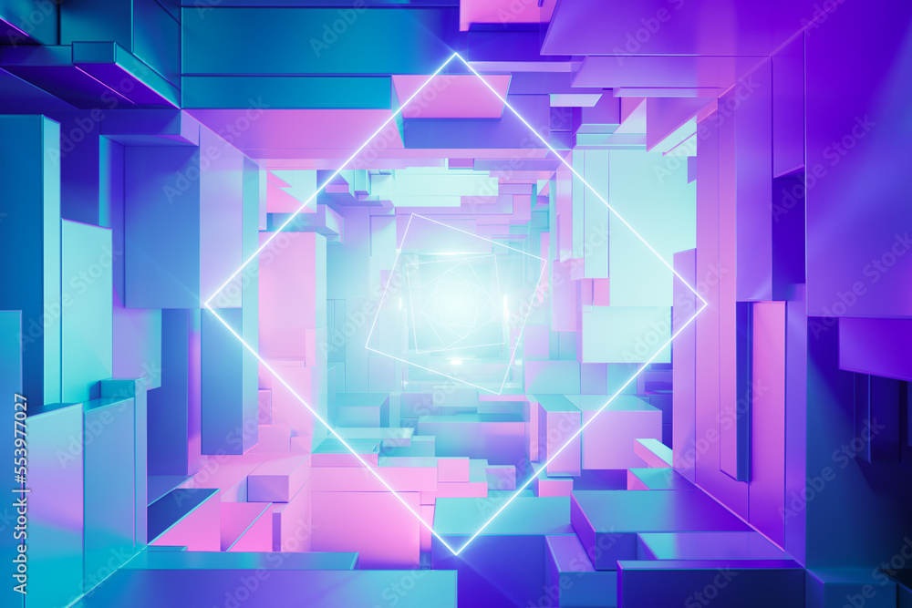 Futuristic neon illuminated sci-fi tunnel. Concept 3D illustration.