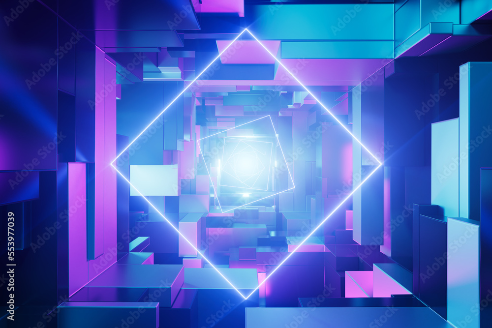 Futuristic neon illuminated sci-fi tunnel. Concept 3D illustration.