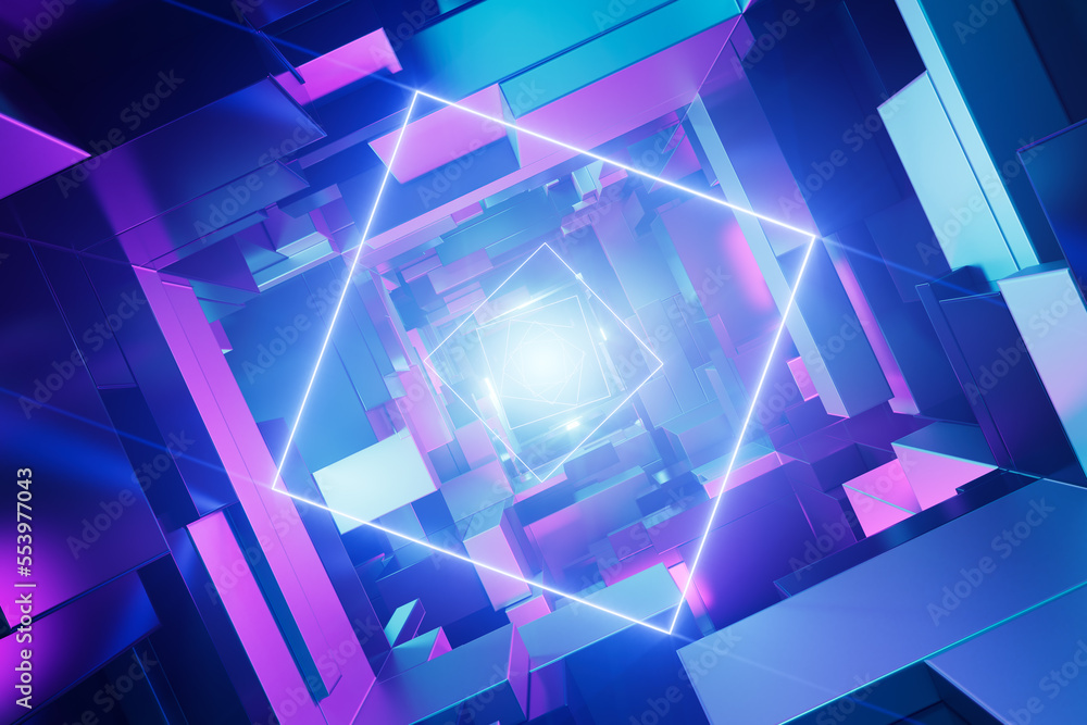 Futuristic neon illuminated sci-fi tunnel. Concept 3D illustration.