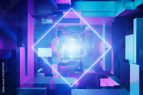 Obraz na płótnie Futuristic neon illuminated sci-fi tunnel. Concept 3D illustration. w salonie